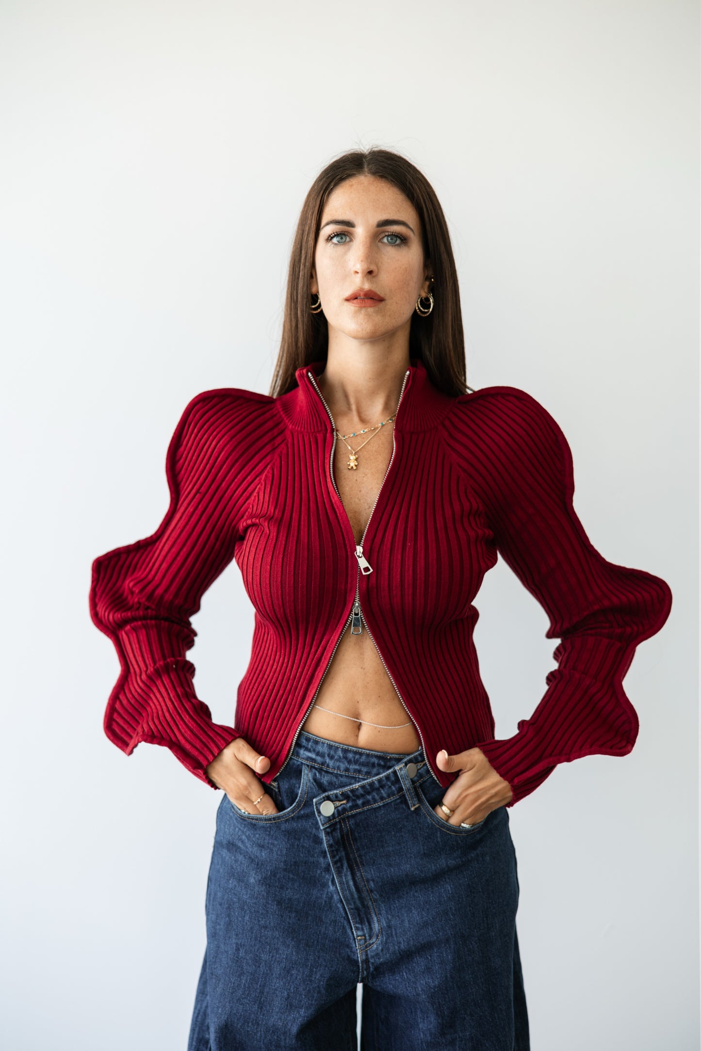 Maglioncino a coste con zip butterfly bordeaux