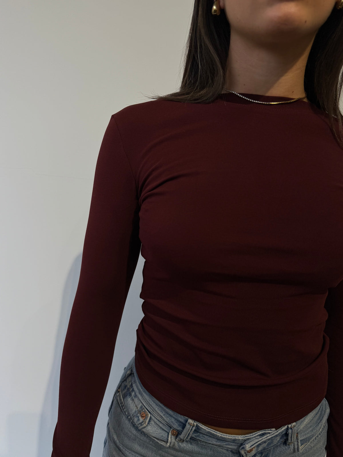 TEE COTONE BASIC MANICA LUNGA BORDEAUX