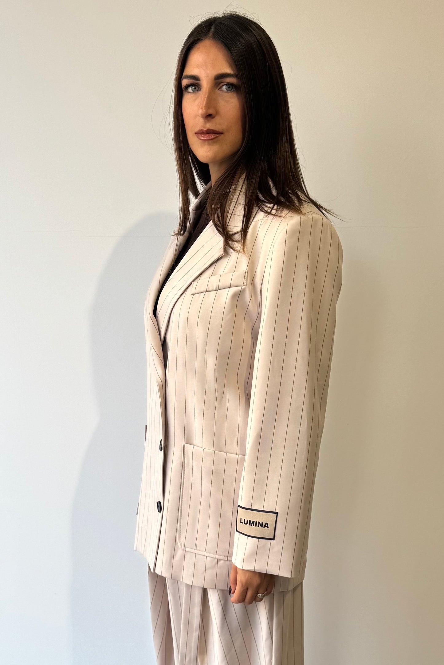 Blazer Over a righe Panna