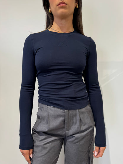 TEE SLIM FIT A MANICHE LUNGHE CON CUCITURE BLU