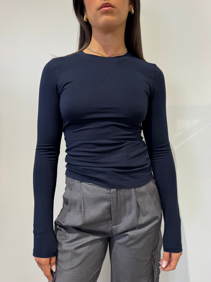TEE SLIM FIT A MANICHE LUNGHE CON CUCITURE BLU