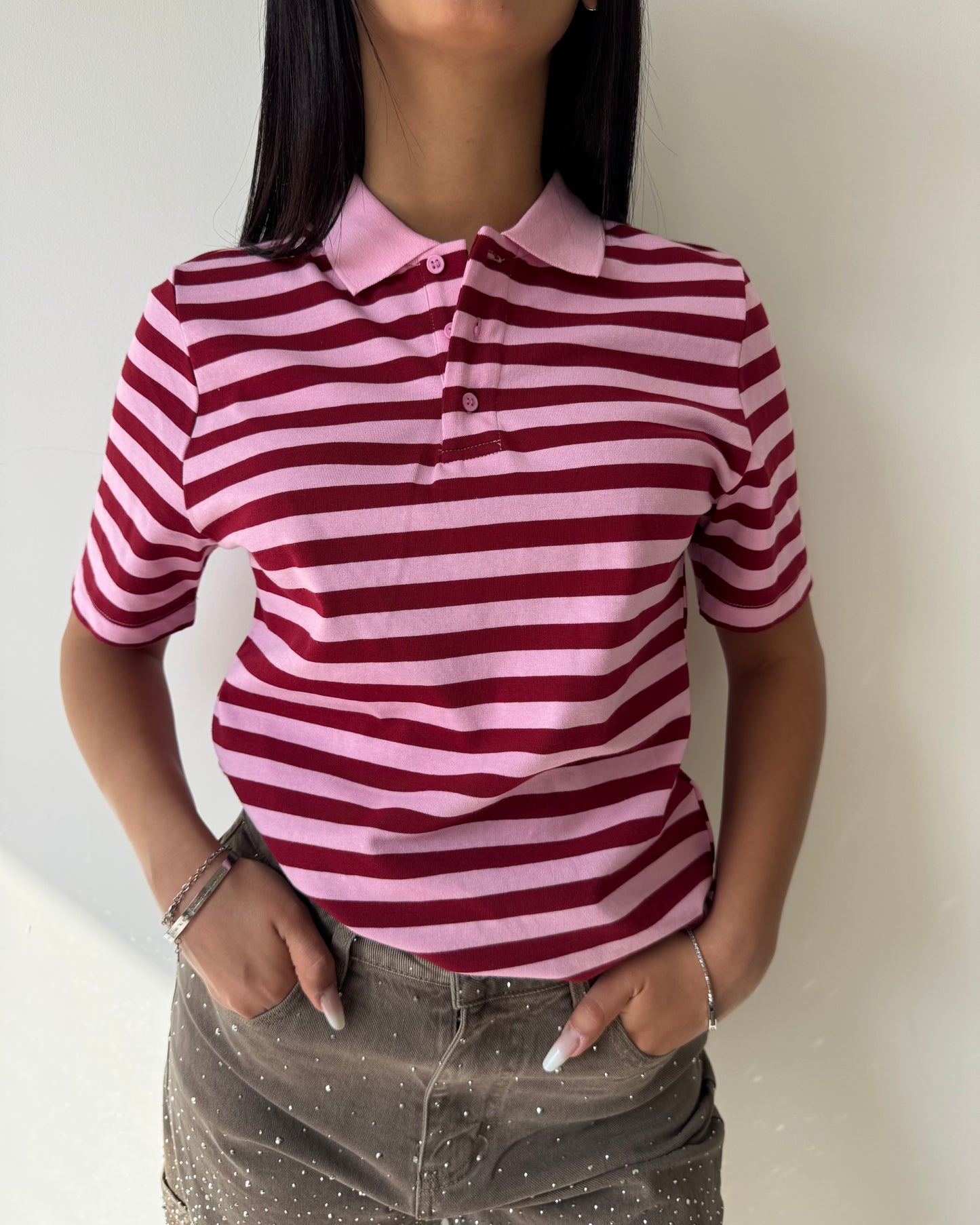 Polo cotone rigata rosa