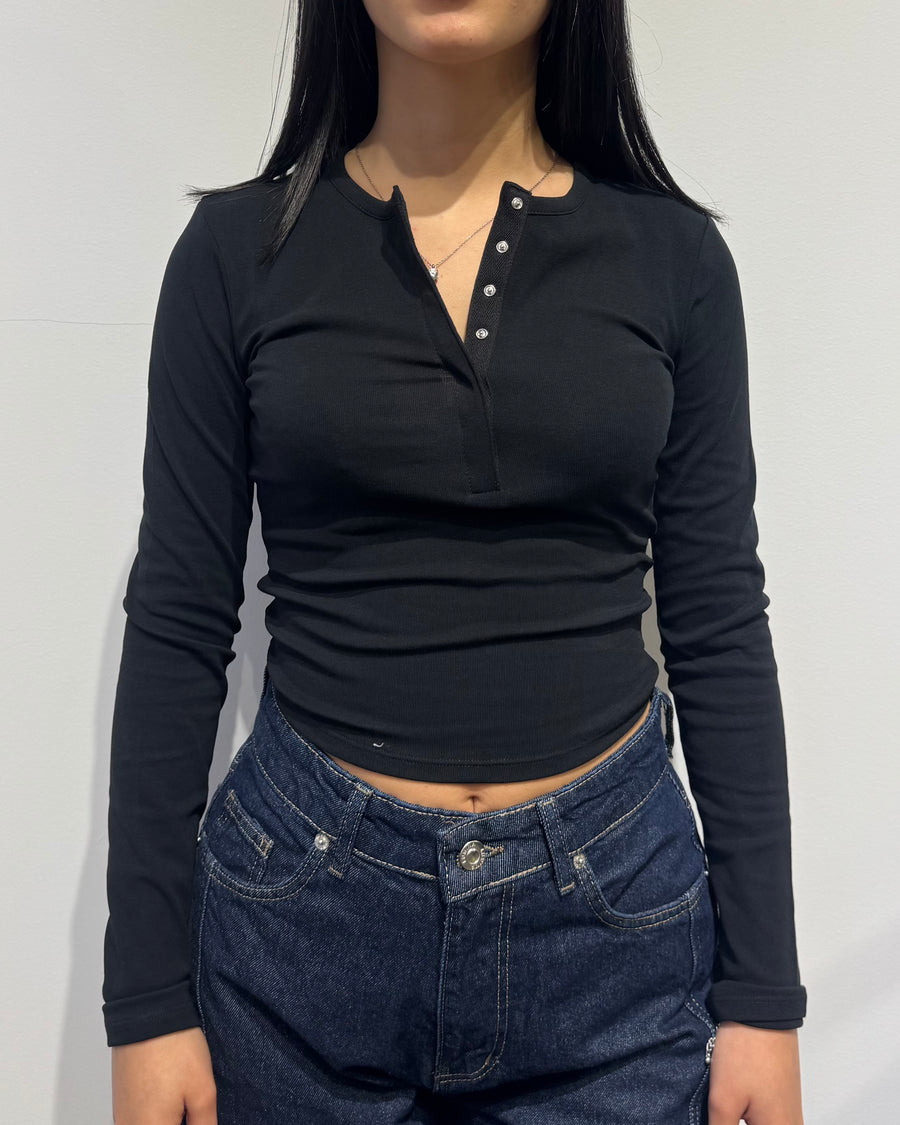 TEE CROP COTONE SERAFINA MANICA LUNGA NERA