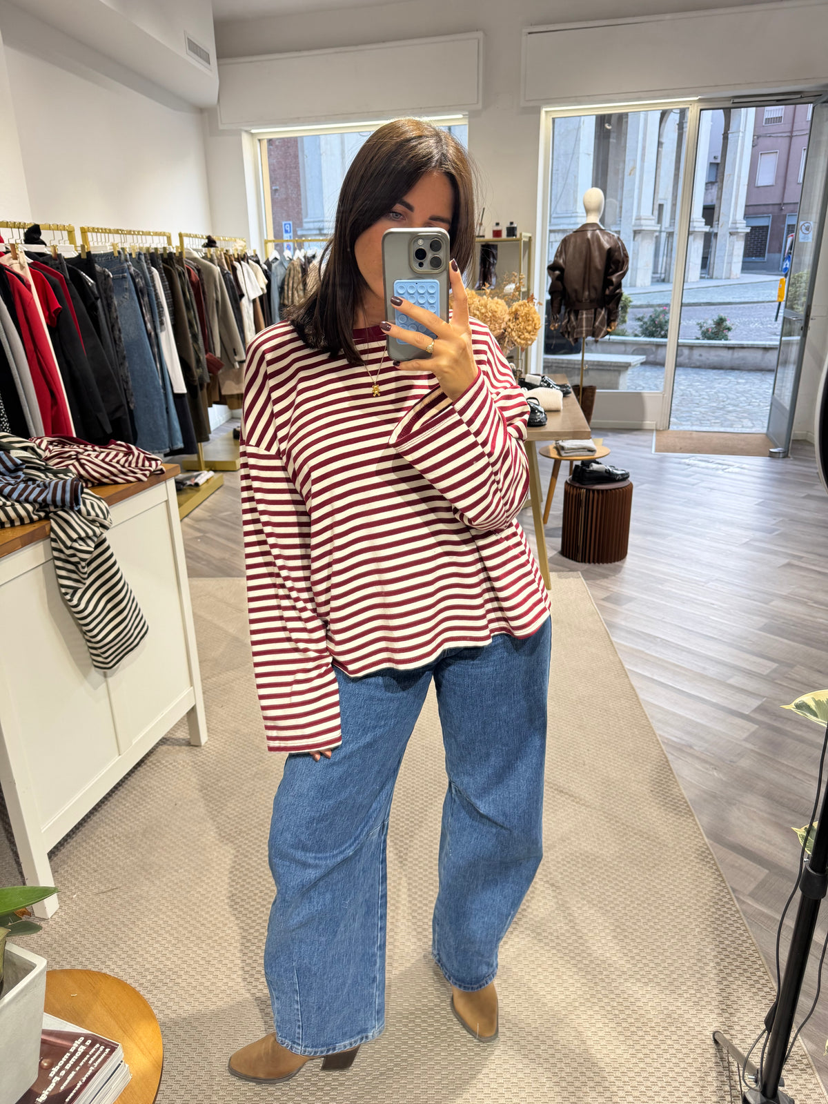 TEE LEA MANICA LUNGA BORDEAUX E PANNA