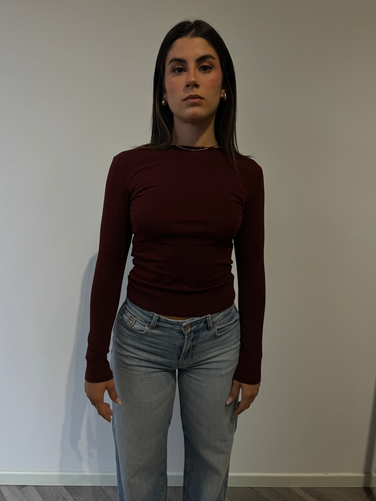 TEE COTONE BASIC MANICA LUNGA BORDEAUX