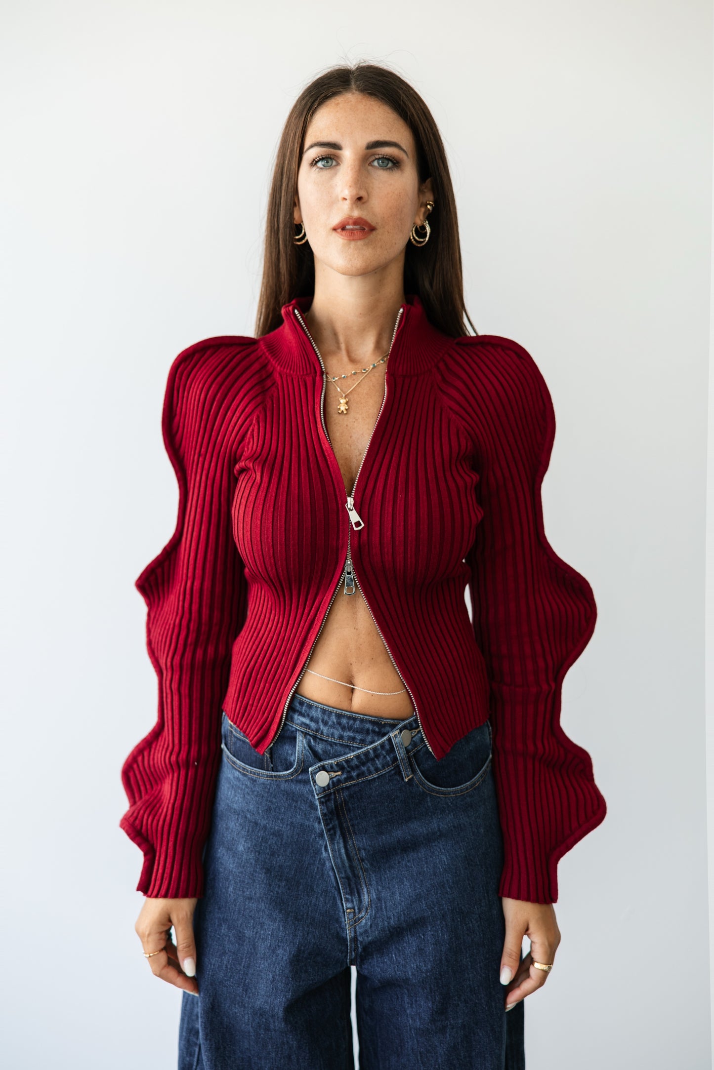 Maglioncino a coste con zip butterfly bordeaux